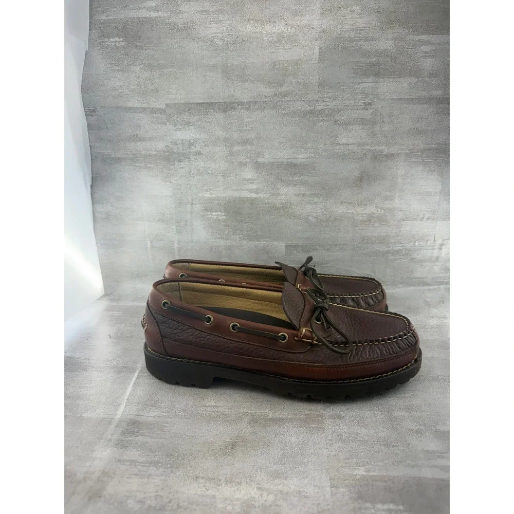 LL Bean Men Sz 9D Brown Leather Lug Sole Boat Shoes Camp Mocs 273080